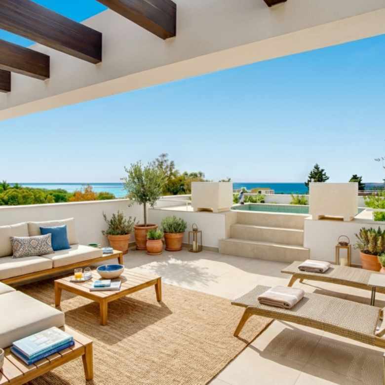 Nově postavený luxus, čtyři ložnice, jižní čelí vila se nachází v exkluzivní uzavřené komunitě na okraji Marbella Golden Mile