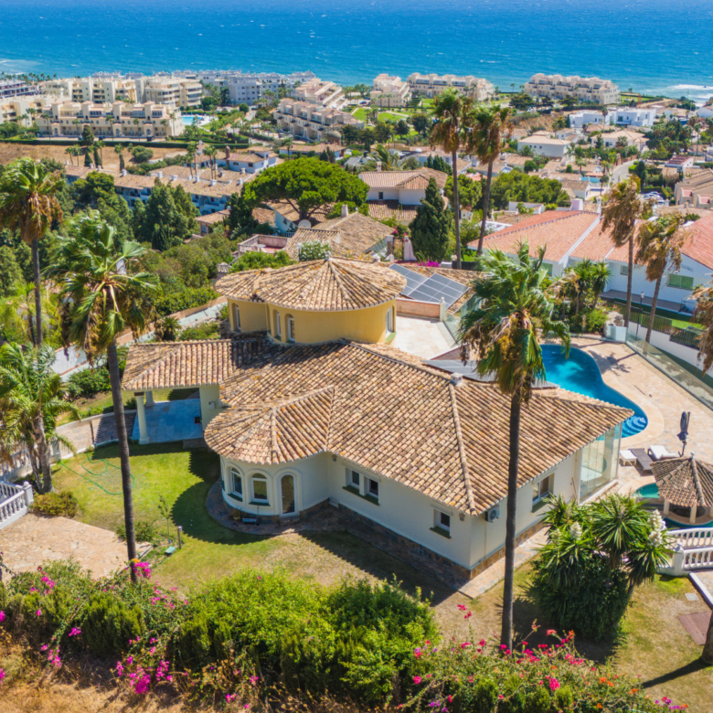 Spectacular south facing five bedroom villa in El Chaparral, Mijas Costa with panoramic sea views